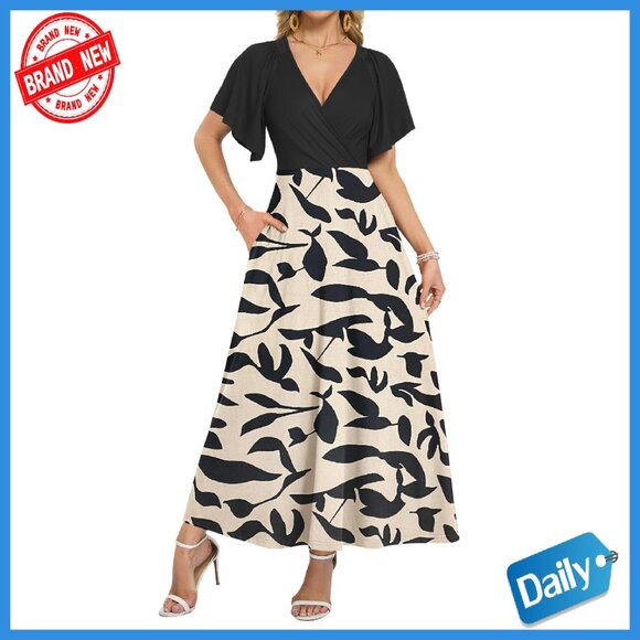 Maxi Dress Formal Long Flowy Empire Waist V-Neck Ruffle Sleeve Pockets